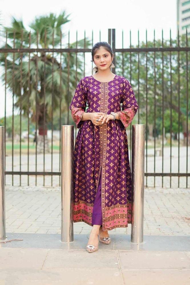 Front Open super printed silk stitched maxi 2 pieces dress for girls