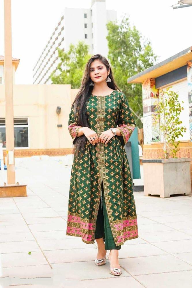 Front Open super printed silk stitched maxi 2 pieces dress for girls