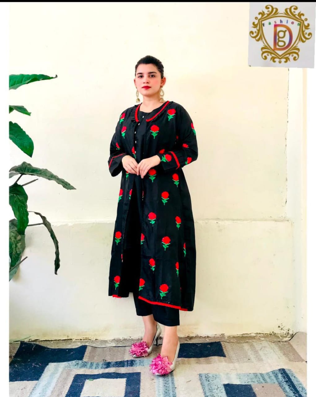 Trendy Katan silk Embroided flower gaown dress 3p (inner +gaown+ trouser)