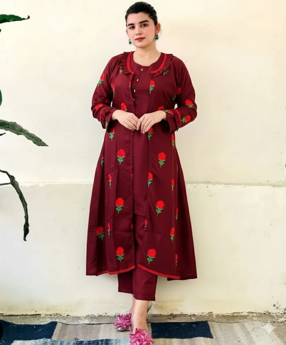 50%Off 4P Trendy Rao Silk Embroided flower gaown dress  (inner +gaown+ trouser+Dupatta)