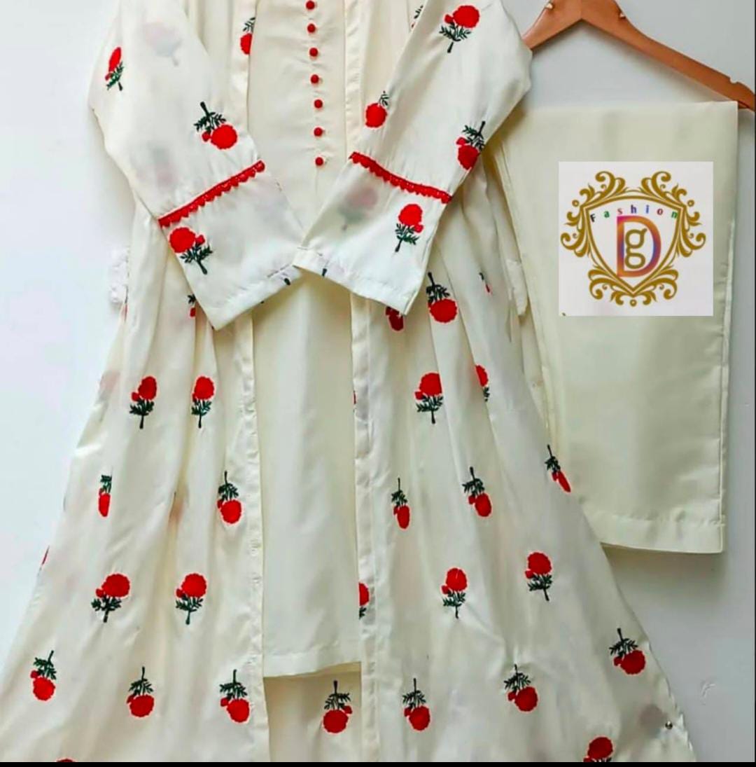 Trendy Katan silk Embroided flower gaown dress 3p (inner +gaown+ trouser)