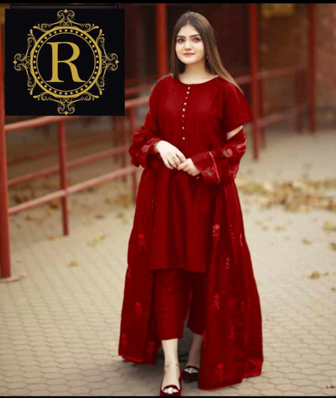 Trendy Katan silk Embroided flower gaown dress 3p (inner +gaown+ trouser)