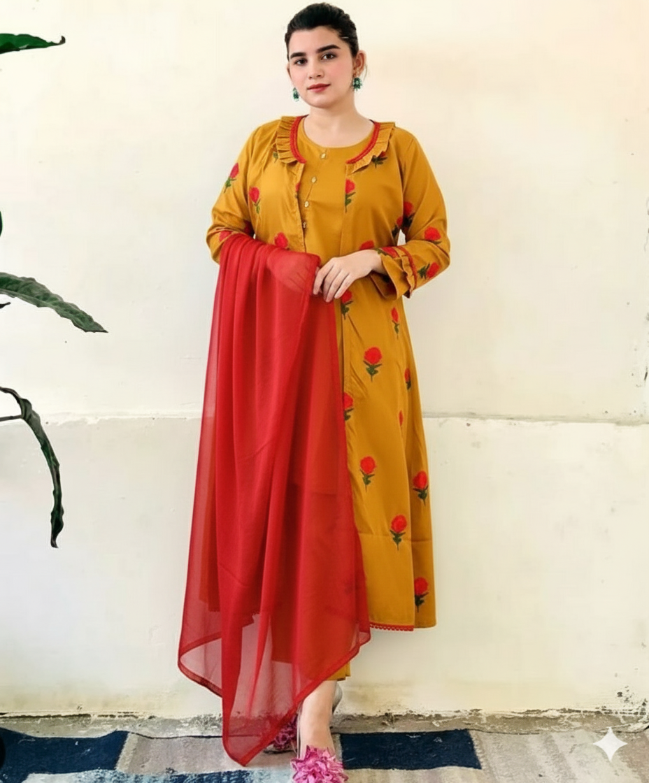 50%Off 4P Trendy Rao Silk Embroided flower gaown dress  (inner +gaown+ trouser+Dupatta)