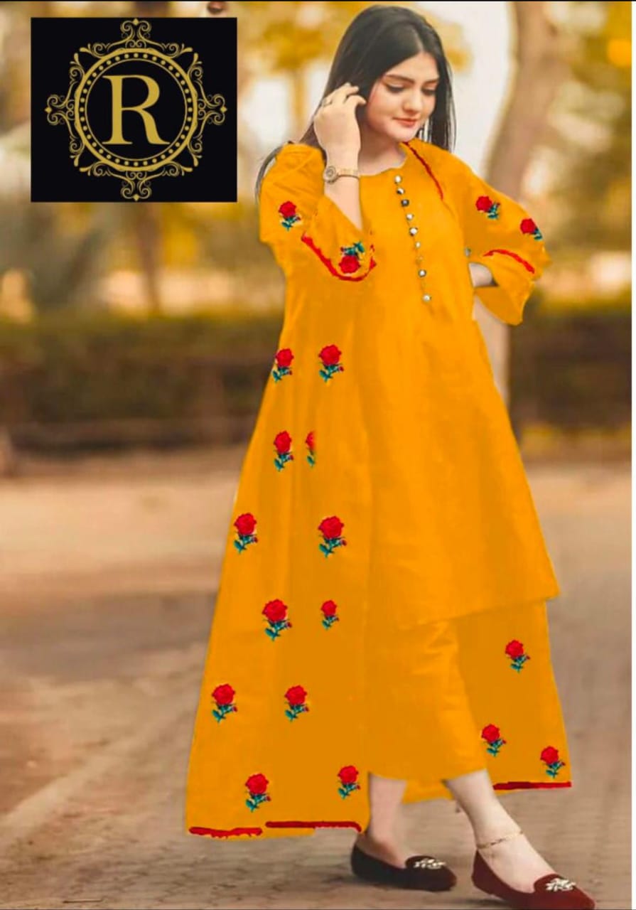 Trendy Katan silk Embroided flower gaown dress 3p (inner +gaown+ trouser)
