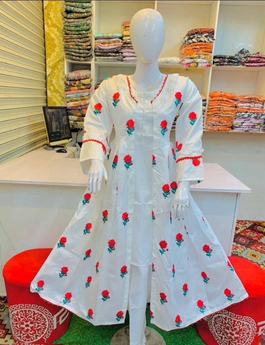 Trendy Katan silk Embroided flower gaown dress 3p (inner +gaown+ trouser)