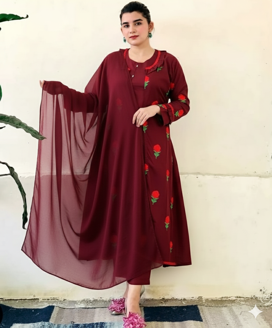 50%Off 4P Trendy Rao Silk Embroided flower gaown dress  (inner +gaown+ trouser+Dupatta)