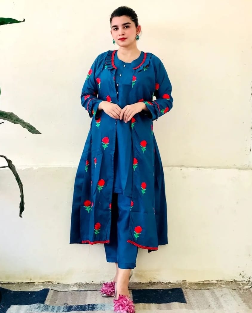 Trendy Katan silk Embroided flower gaown dress 3p (inner +gaown+ trouser)