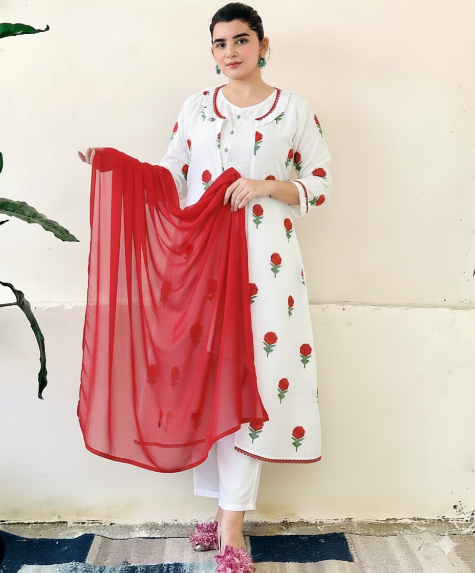 50%Off 4P Trendy Rao Silk Embroided flower gaown dress  (inner +gaown+ trouser+Dupatta)