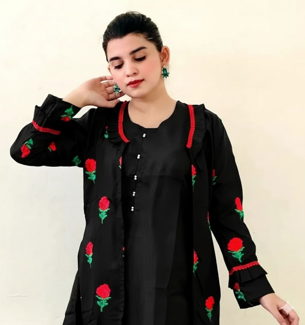 50%Off 4P Trendy Rao Silk Embroided flower gaown dress  (inner +gaown+ trouser+Dupatta)