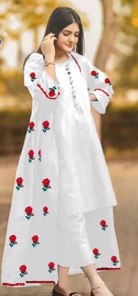 Trendy Katan silk Embroided flower gaown dress 3p (inner +gaown+ trouser)