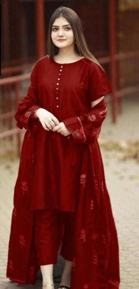 Trendy Katan silk Embroided flower gaown dress 3p (inner +gaown+ trouser)