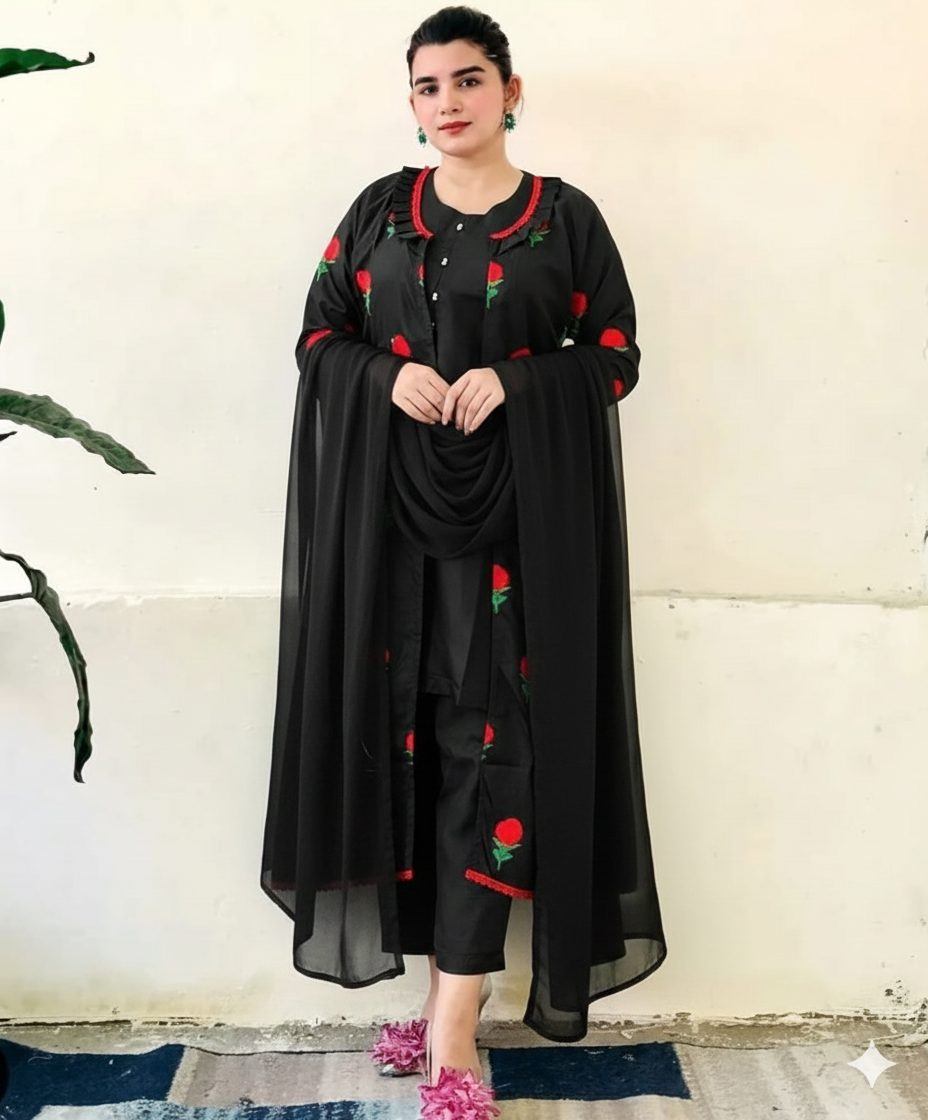 50%Off 4P Trendy Rao Silk Embroided flower gaown dress  (inner +gaown+ trouser+Dupatta)