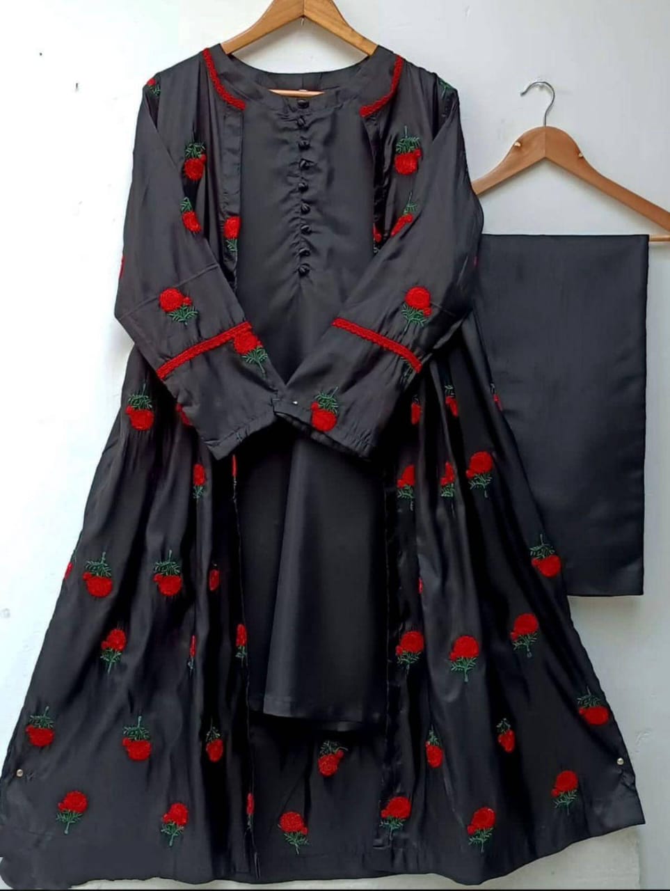 Trendy Katan silk Embroided flower gaown dress 3p (inner +gaown+ trouser)