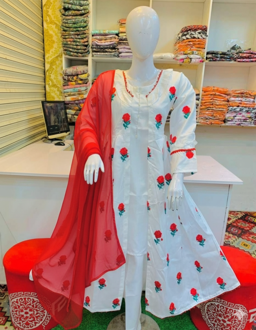 50%Off 4P Trendy Rao Silk Embroided flower gaown dress  (inner +gaown+ trouser+Dupatta)