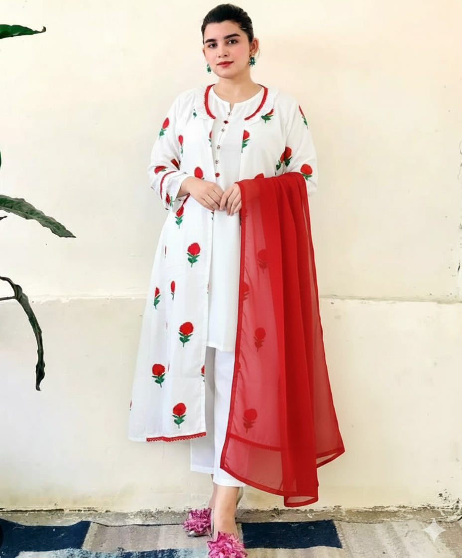 50%Off 4P Trendy Rao Silk Embroided flower gaown dress  (inner +gaown+ trouser+Dupatta)