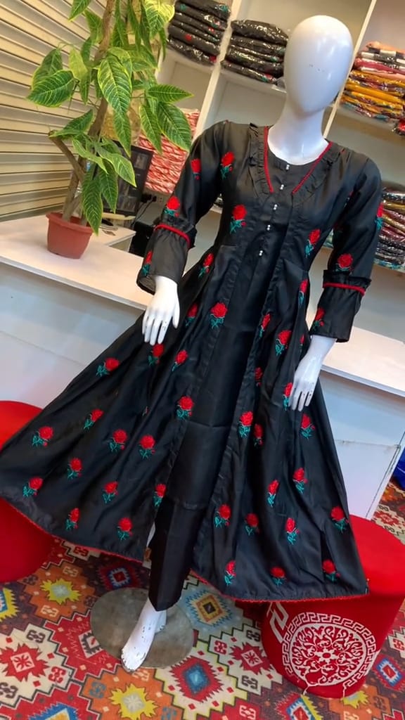 Trendy Katan silk Embroided flower gaown dress 3p (inner +gaown+ trouser)