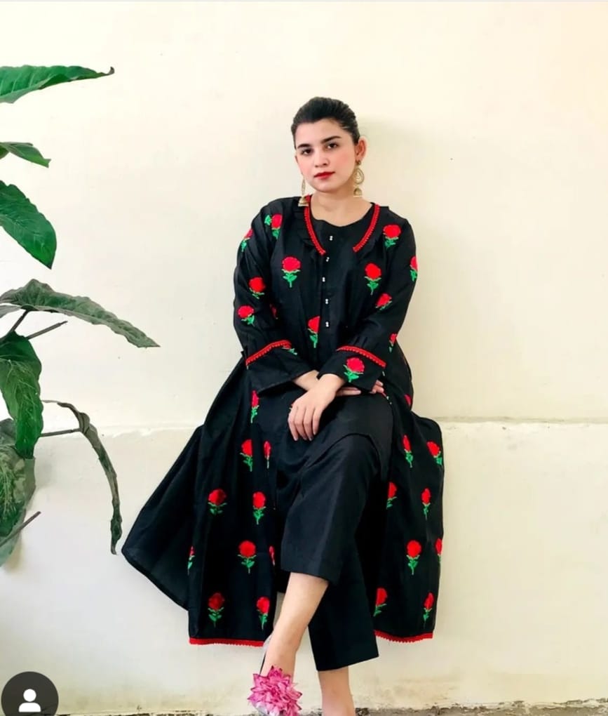 Trendy Katan silk Embroided flower gaown dress 3p (inner +gaown+ trouser)